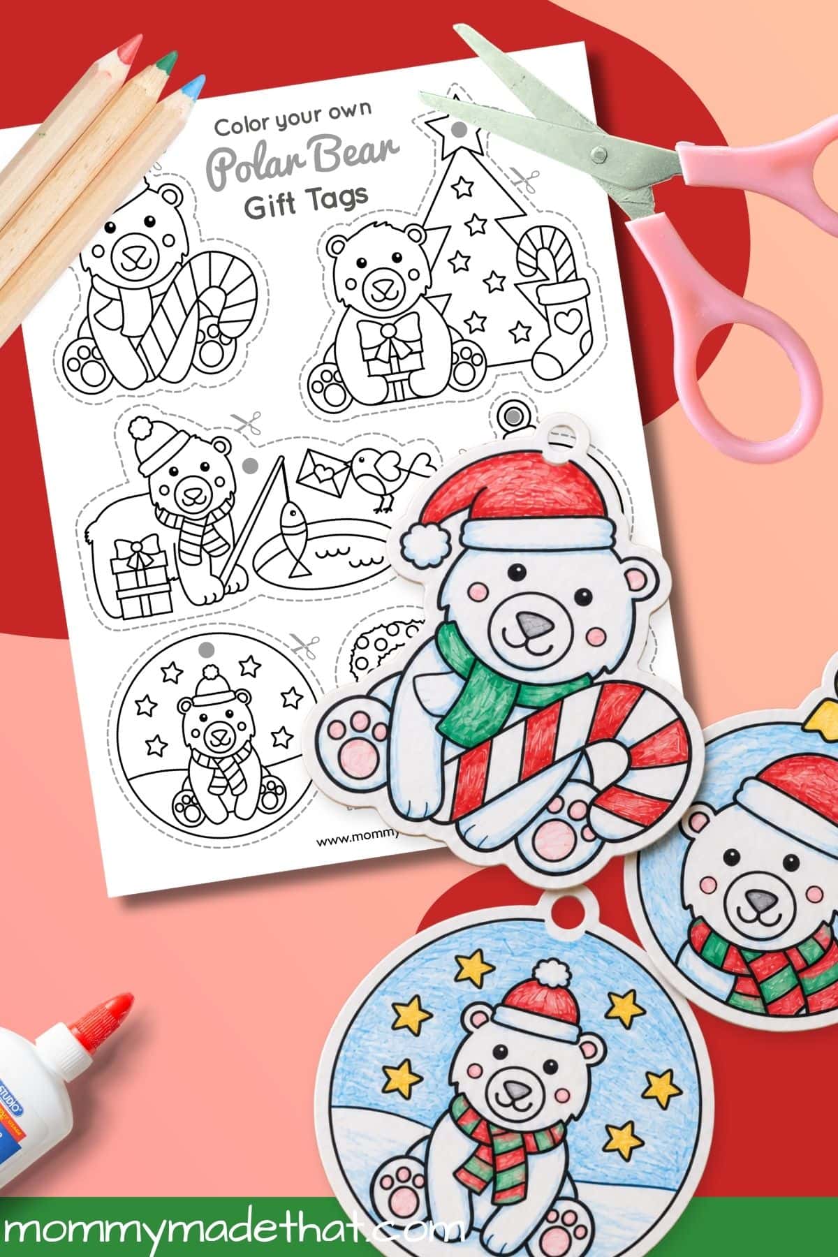 Colored polar bear gift tags beside the printable sheet and scissors