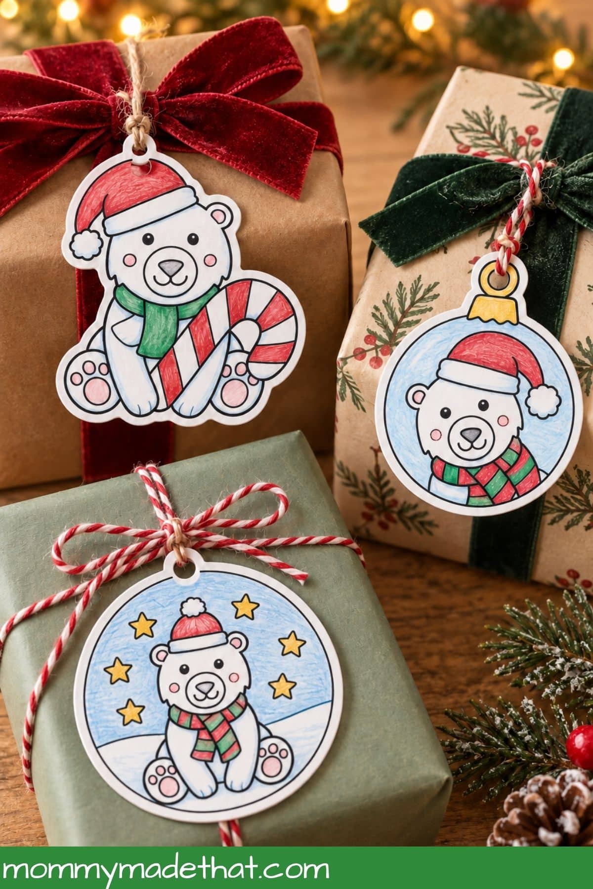 Three colored polar bear gift tags tied onto Christmas presents