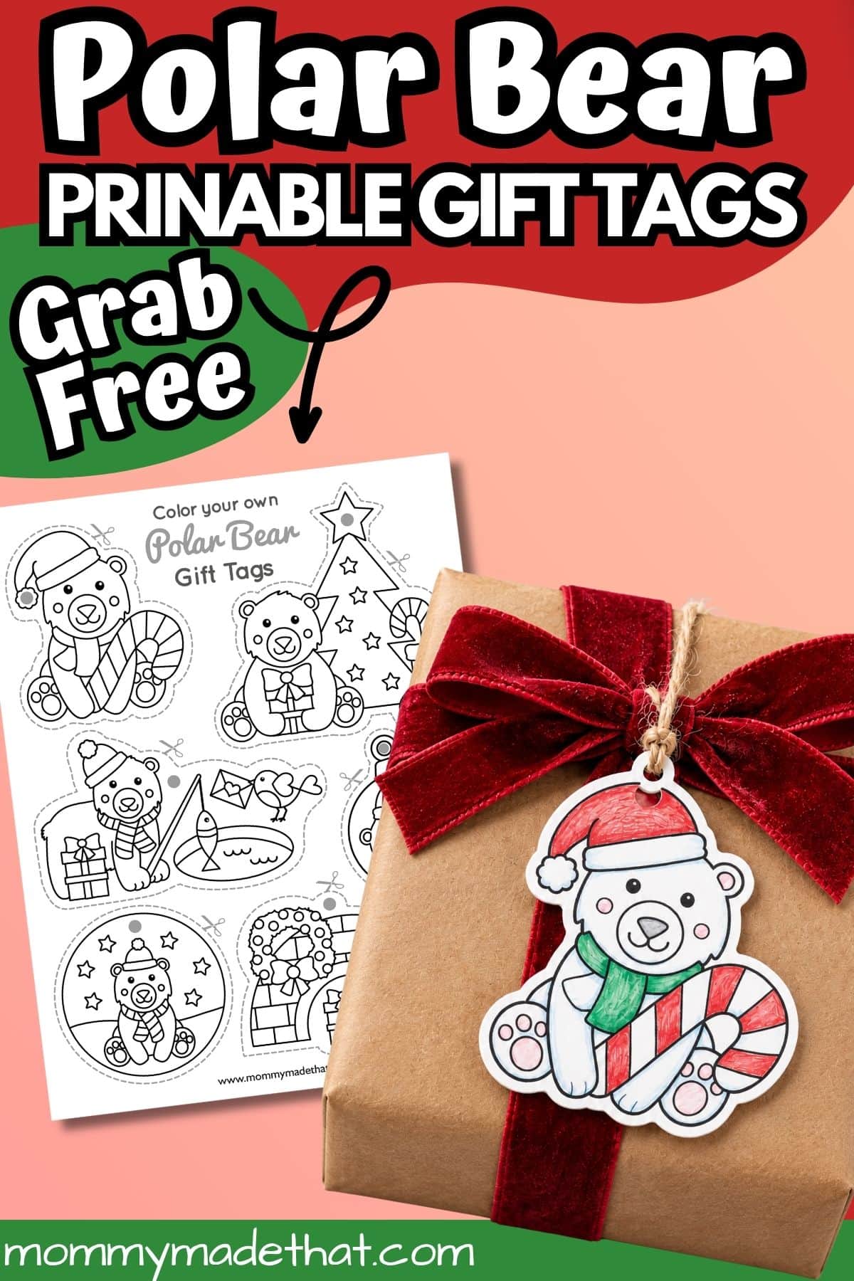 Free printable polar bear gift tags with a coloring sheet and decorated gift