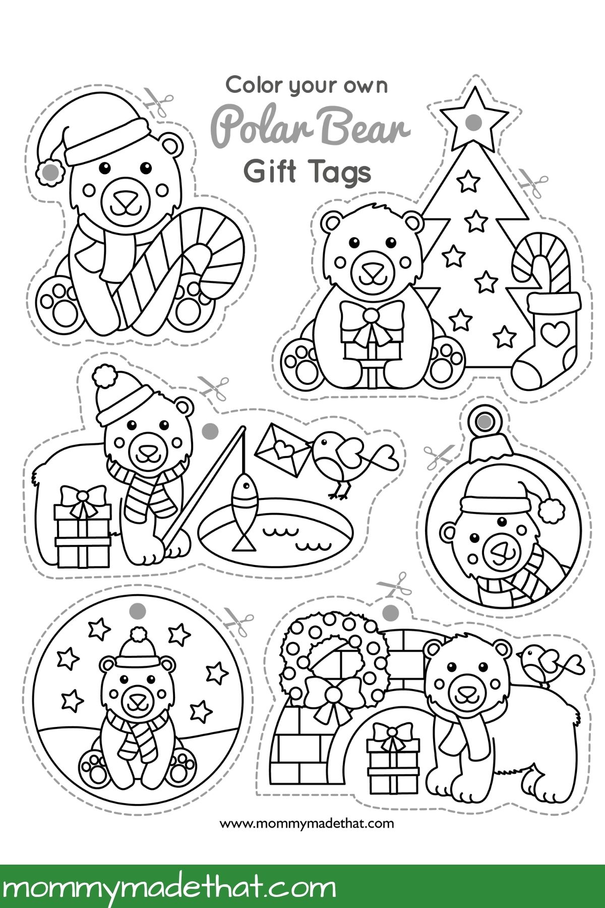 Full printable sheet of six polar bear Christmas gift tags to color