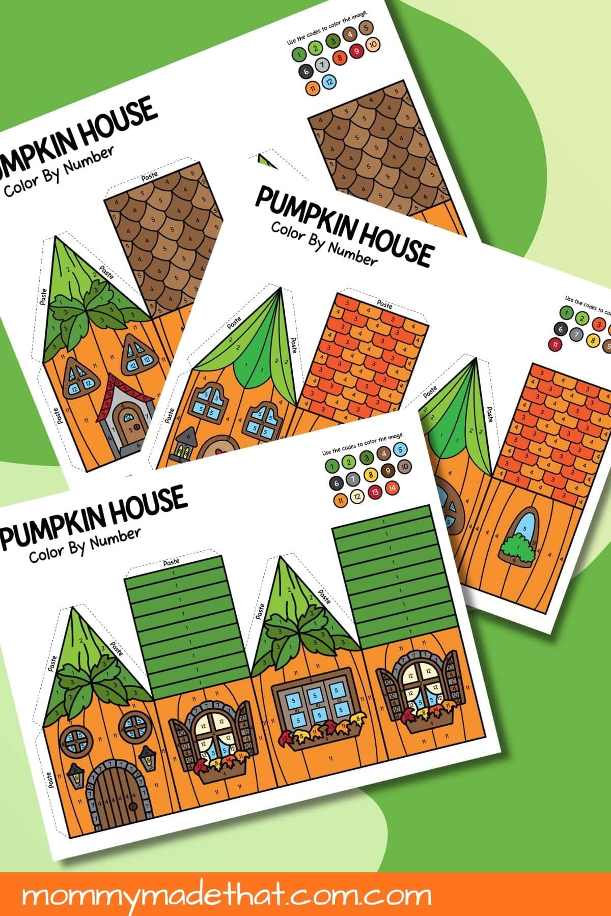 Three colored pumpkin house templates with orange walls and green, brown, and orange roofs.