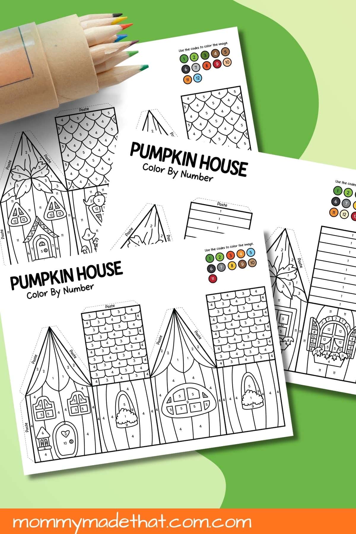 Three pumpkin house color-by-number templates with numbered sections and color keys.