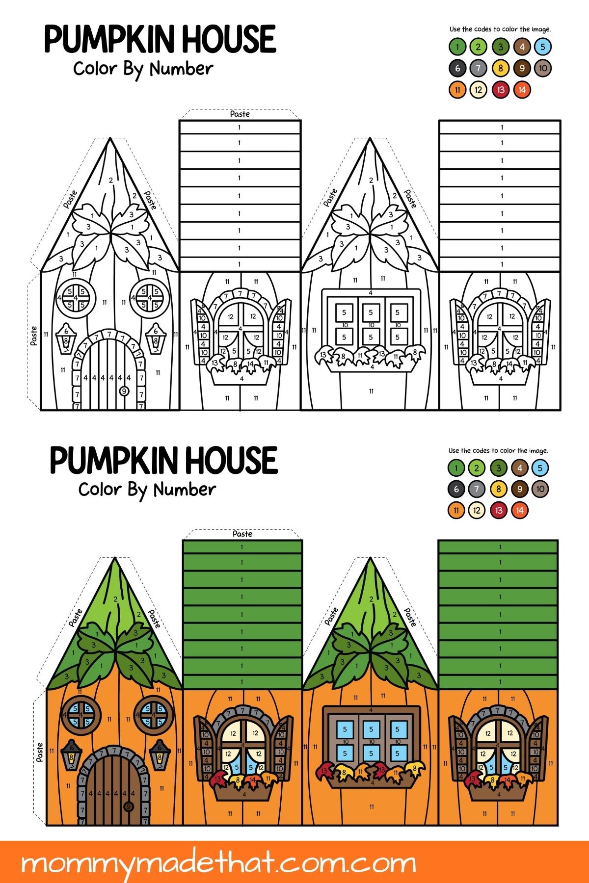 Matching uncolored and colored pumpkin house templates with a green roof and flower boxes.