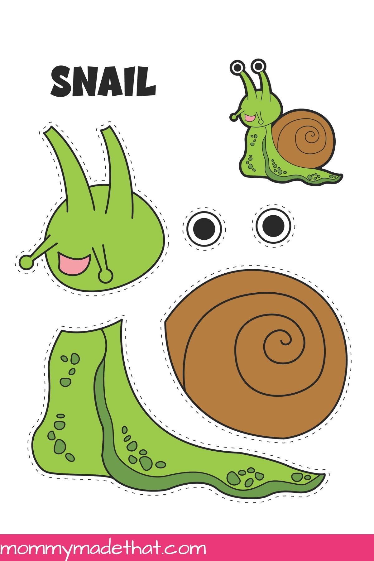 Snail craft pieces with dashed cutting guides