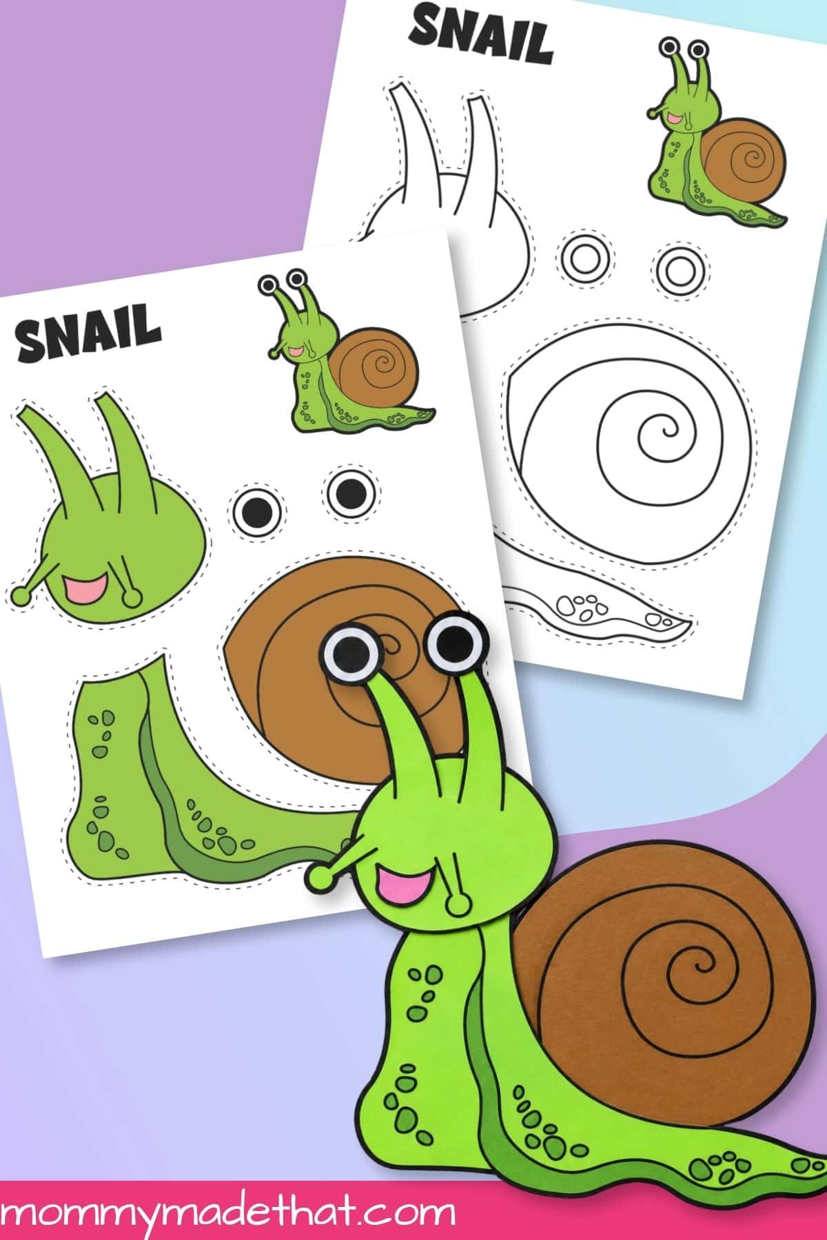 Finished paper snail with colored and coloring templates