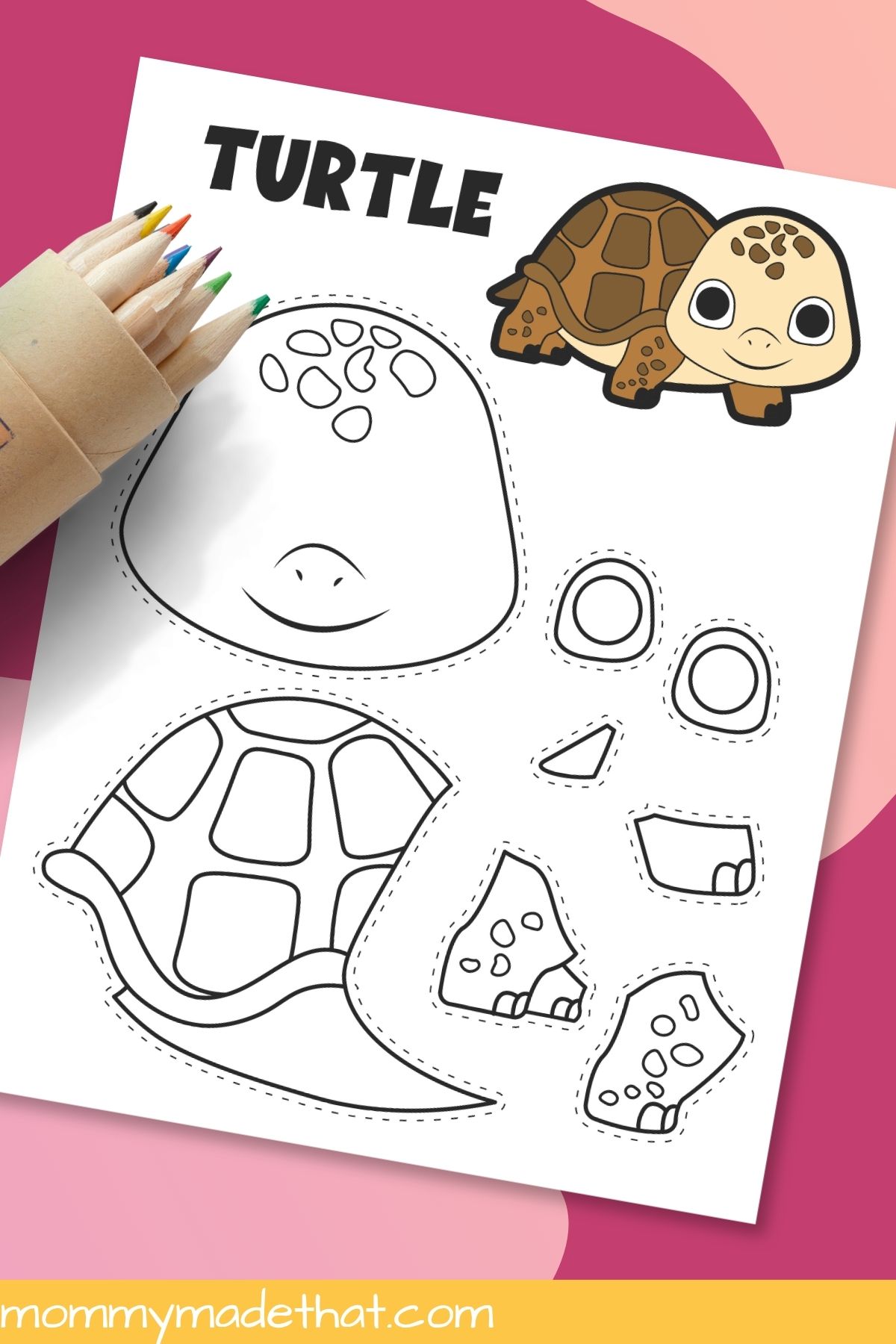 Turtle coloring template with colored pencils
