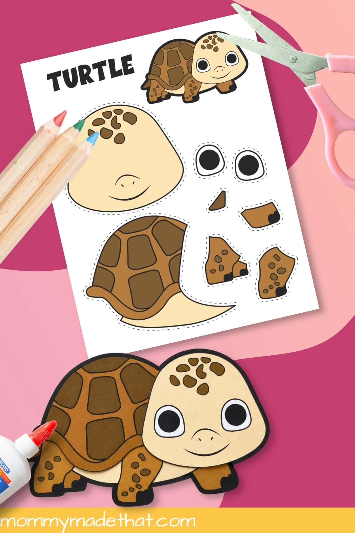 Assembled turtle printable craft beside scissors and template