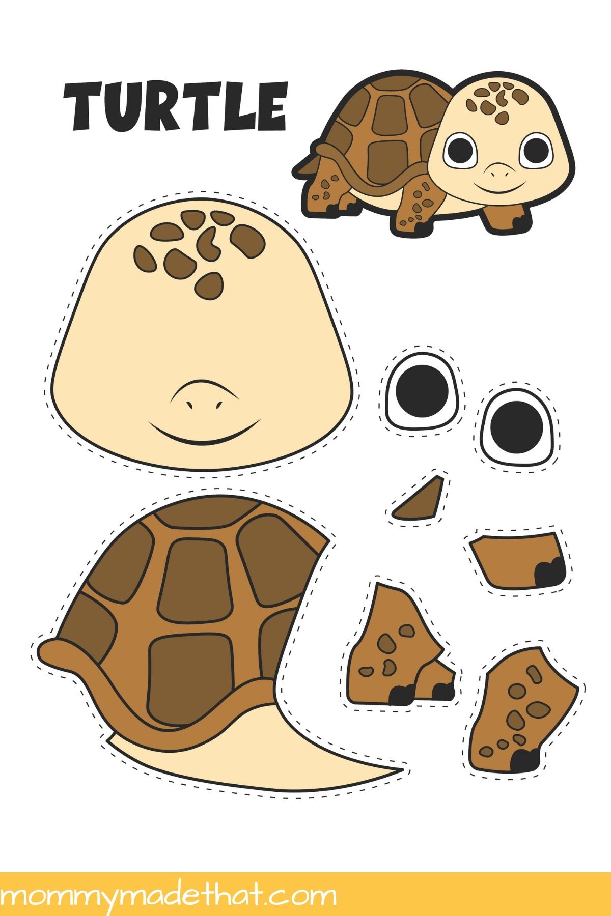 Turtle craft pieces with dashed cutting guides