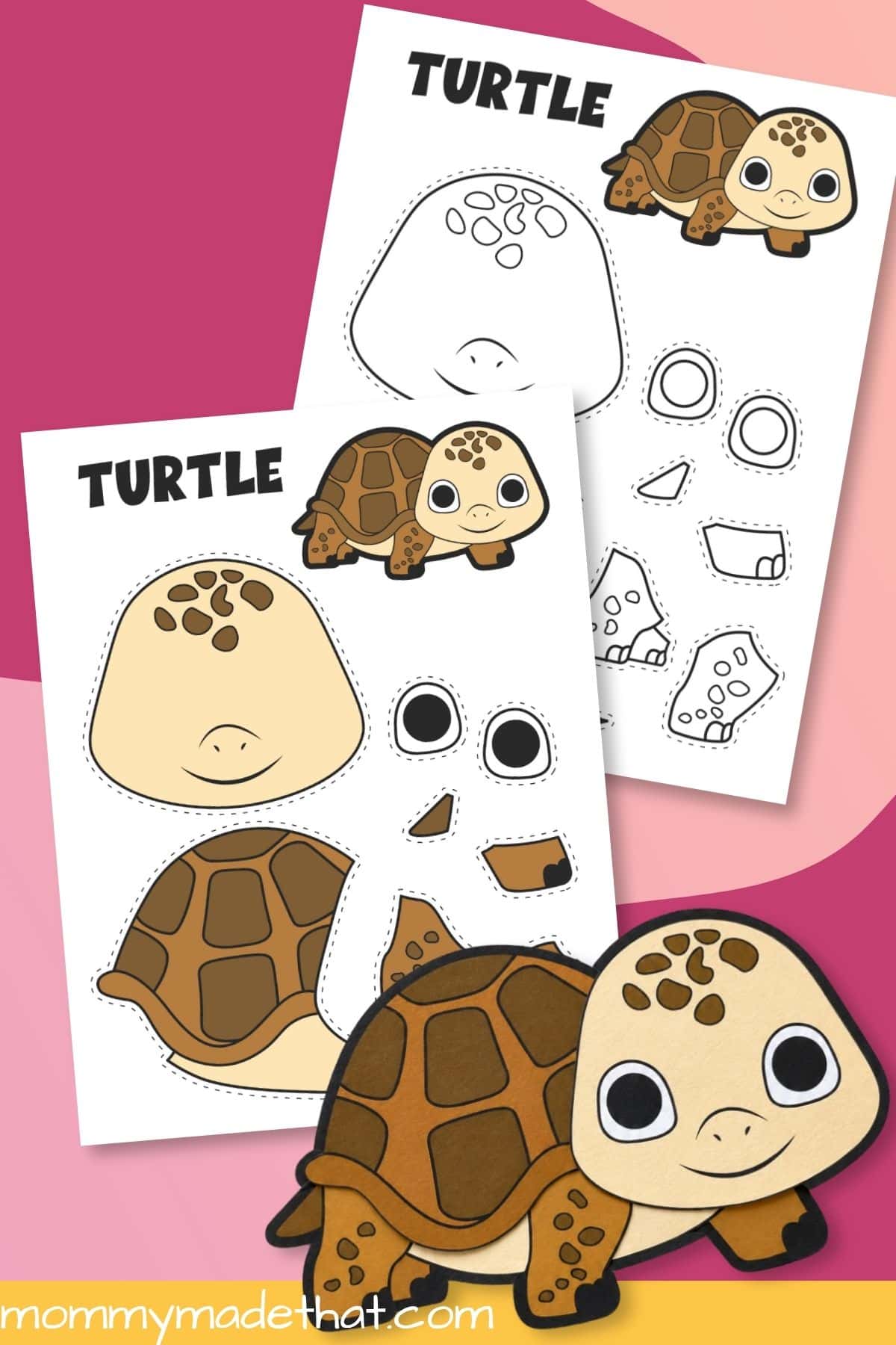 Finished paper turtle with colored and coloring templates