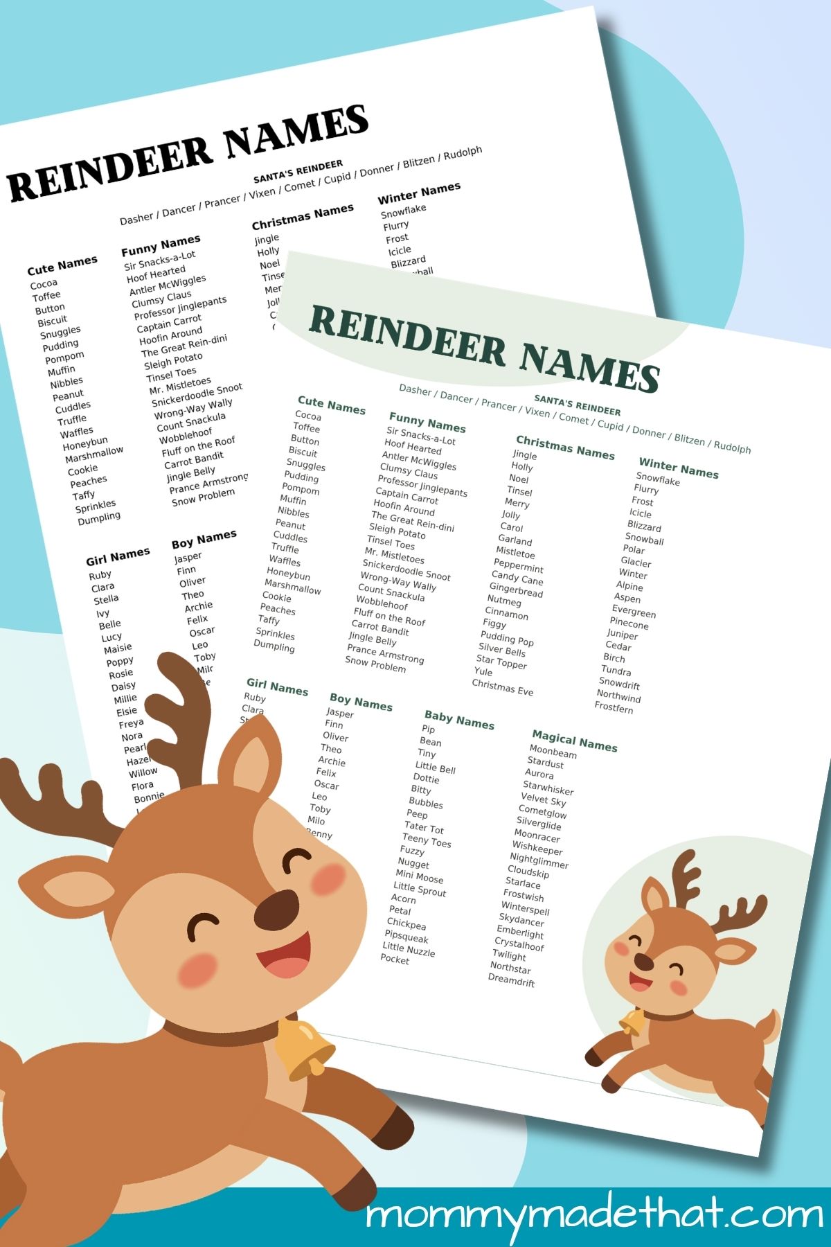 Color and black-and-white reindeer names printables with four columns of names and cheerful cartoon reindeer.