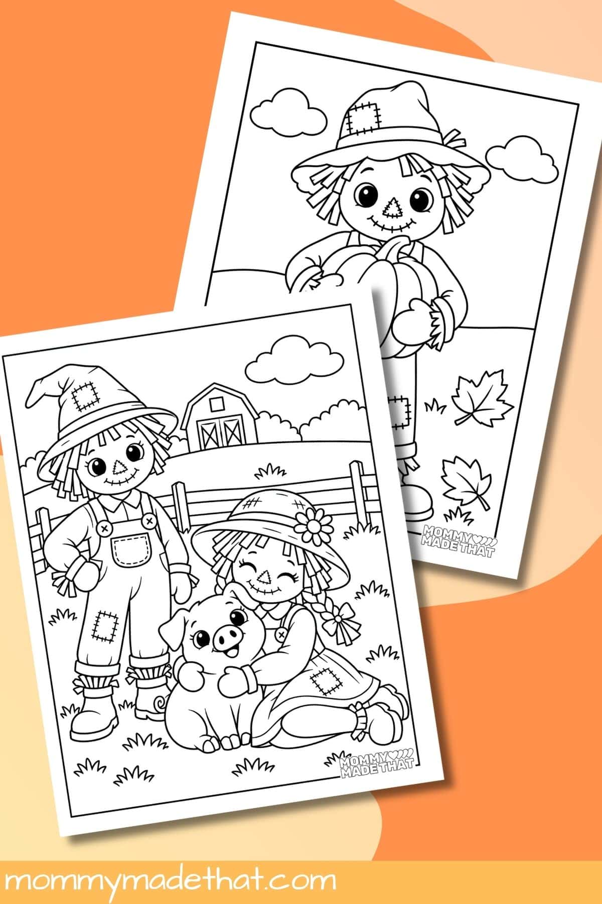 Scarecrow holding a pumpkin and two scarecrows with a pig coloring sheets