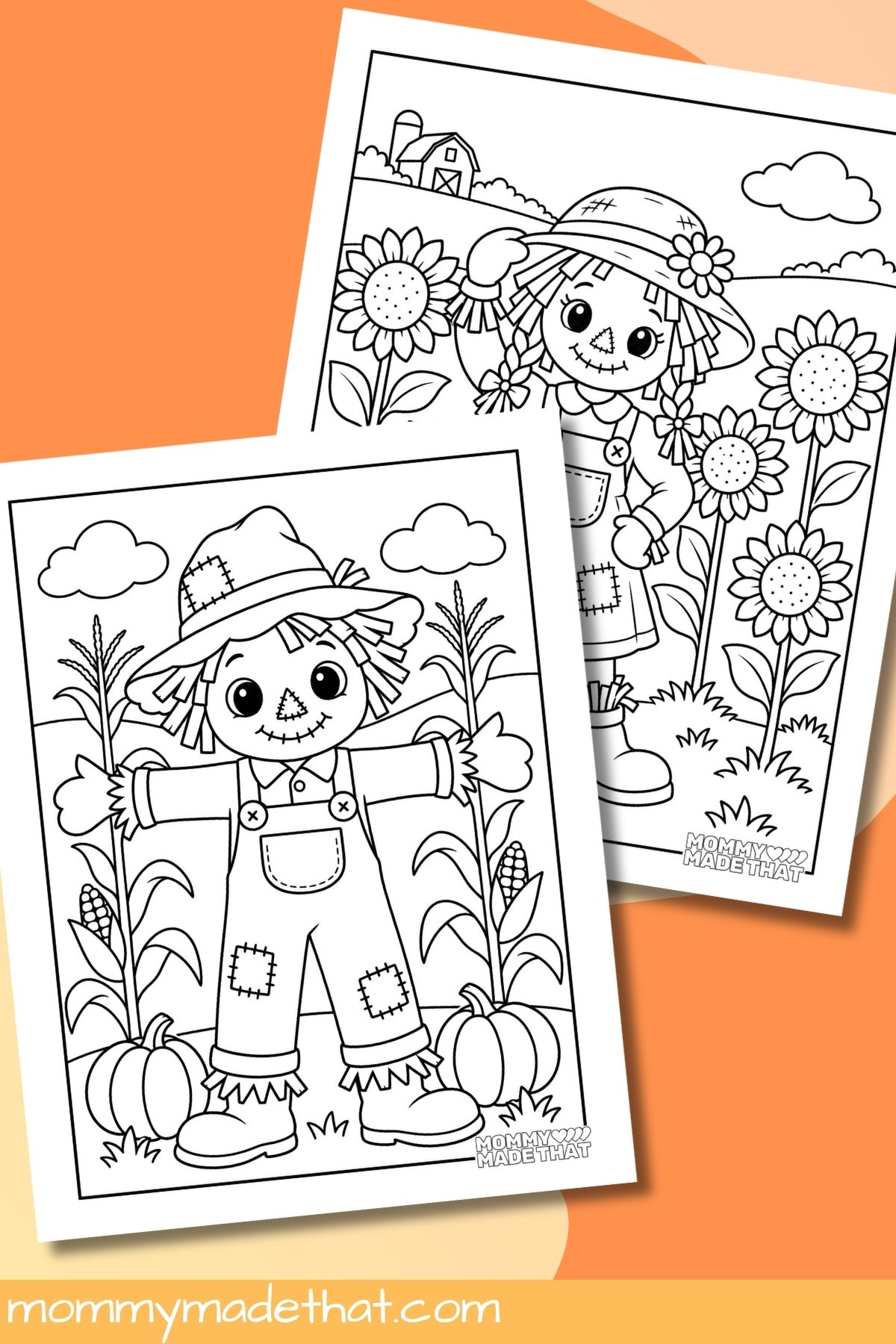 Friendly scarecrow coloring pages with cornstalks, pumpkins, and sunflowers