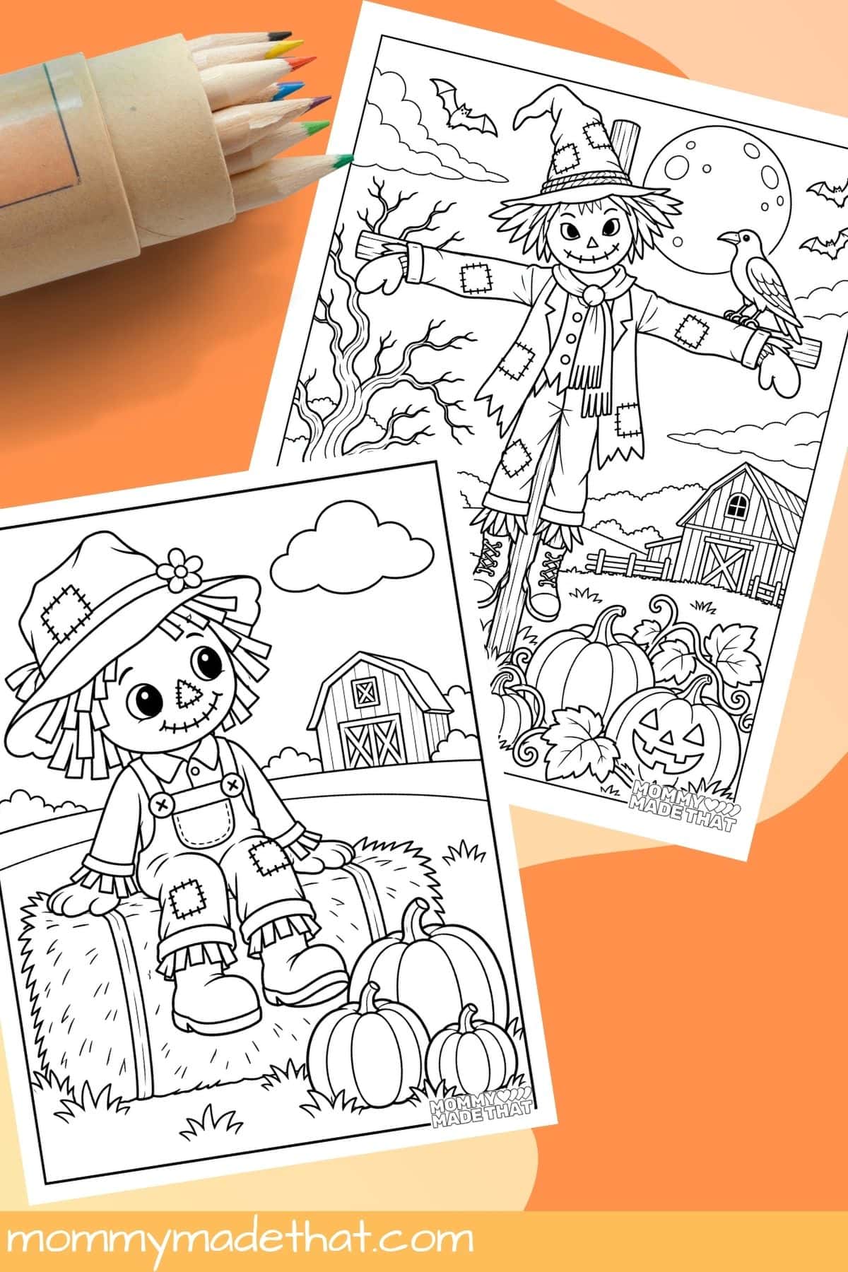 Scarecrow on a hay bale and moonlit Halloween scarecrow coloring pages