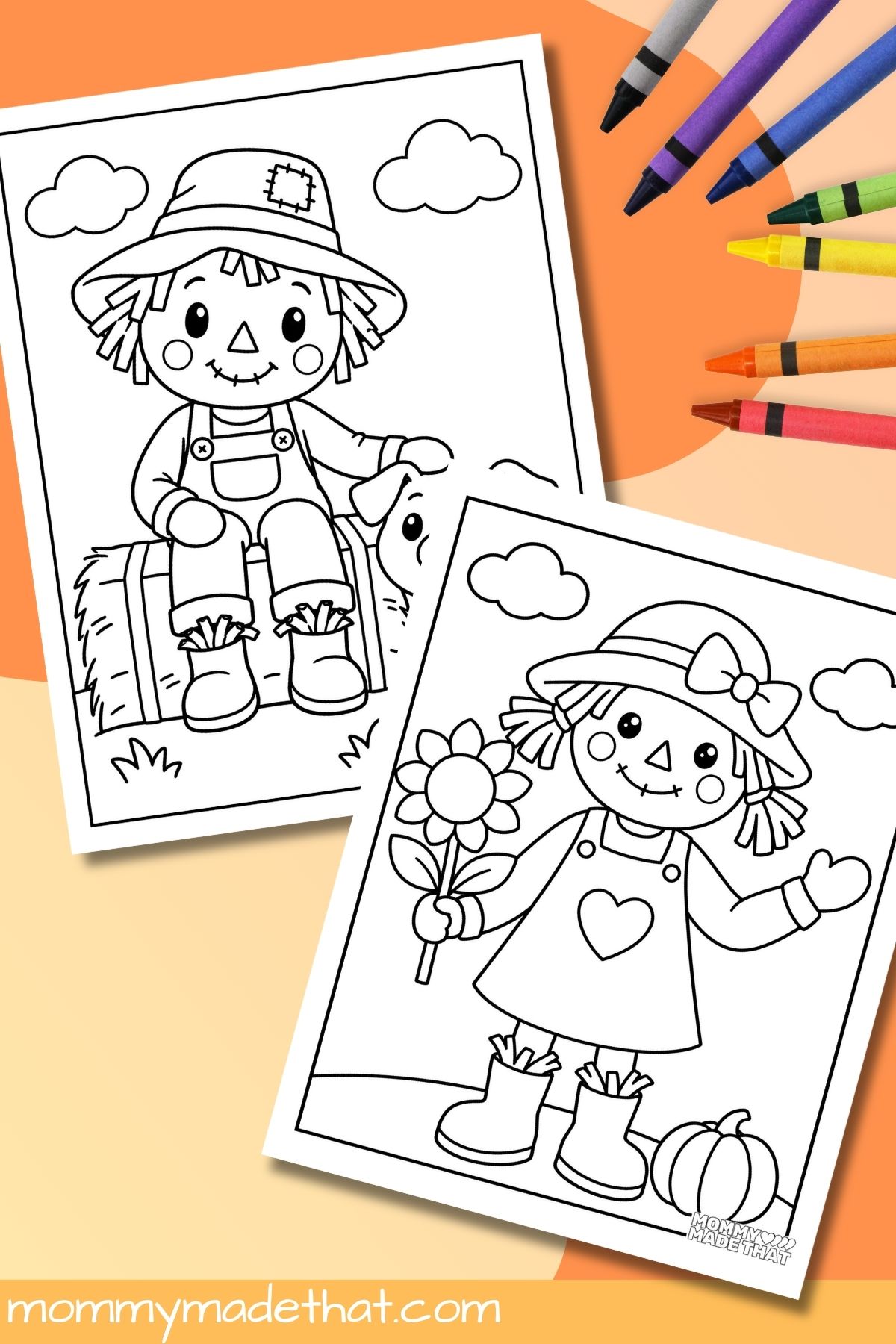 Simple scarecrow coloring pages with a pig and a flower for younger kids