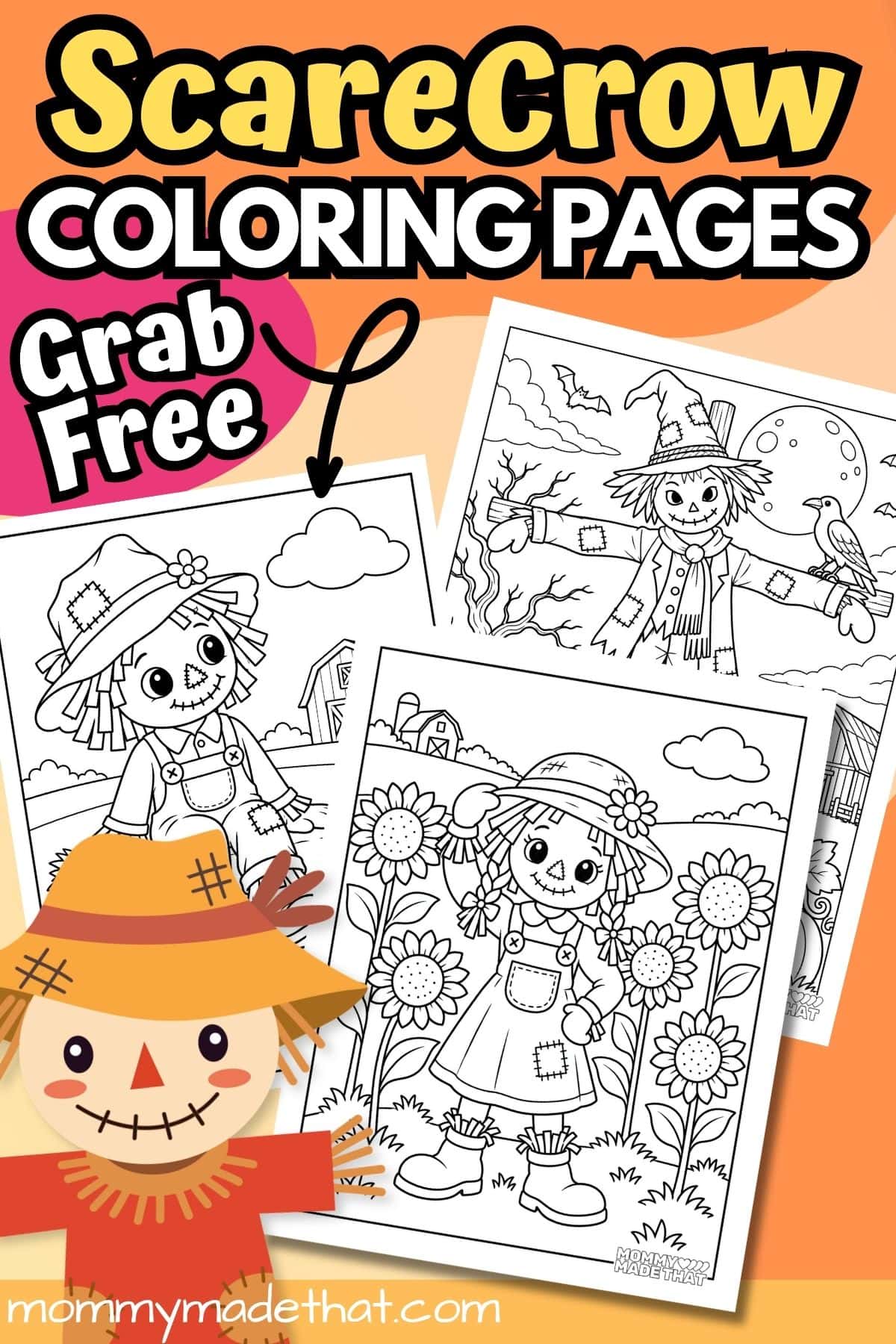 Free printable scarecrow coloring pages with cute fall and spooky Halloween designs