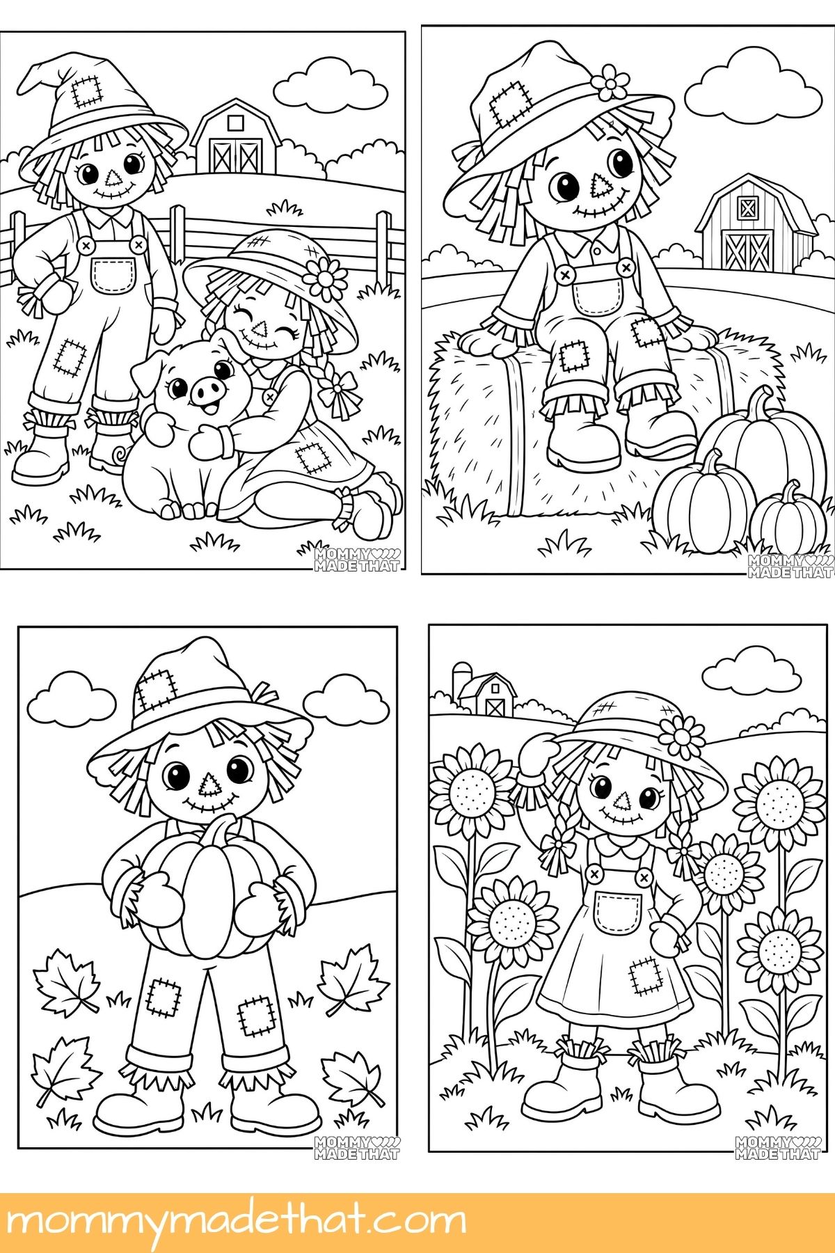 Four scarecrow coloring sheets featuring a pig, hay bale, pumpkin, and sunflowers