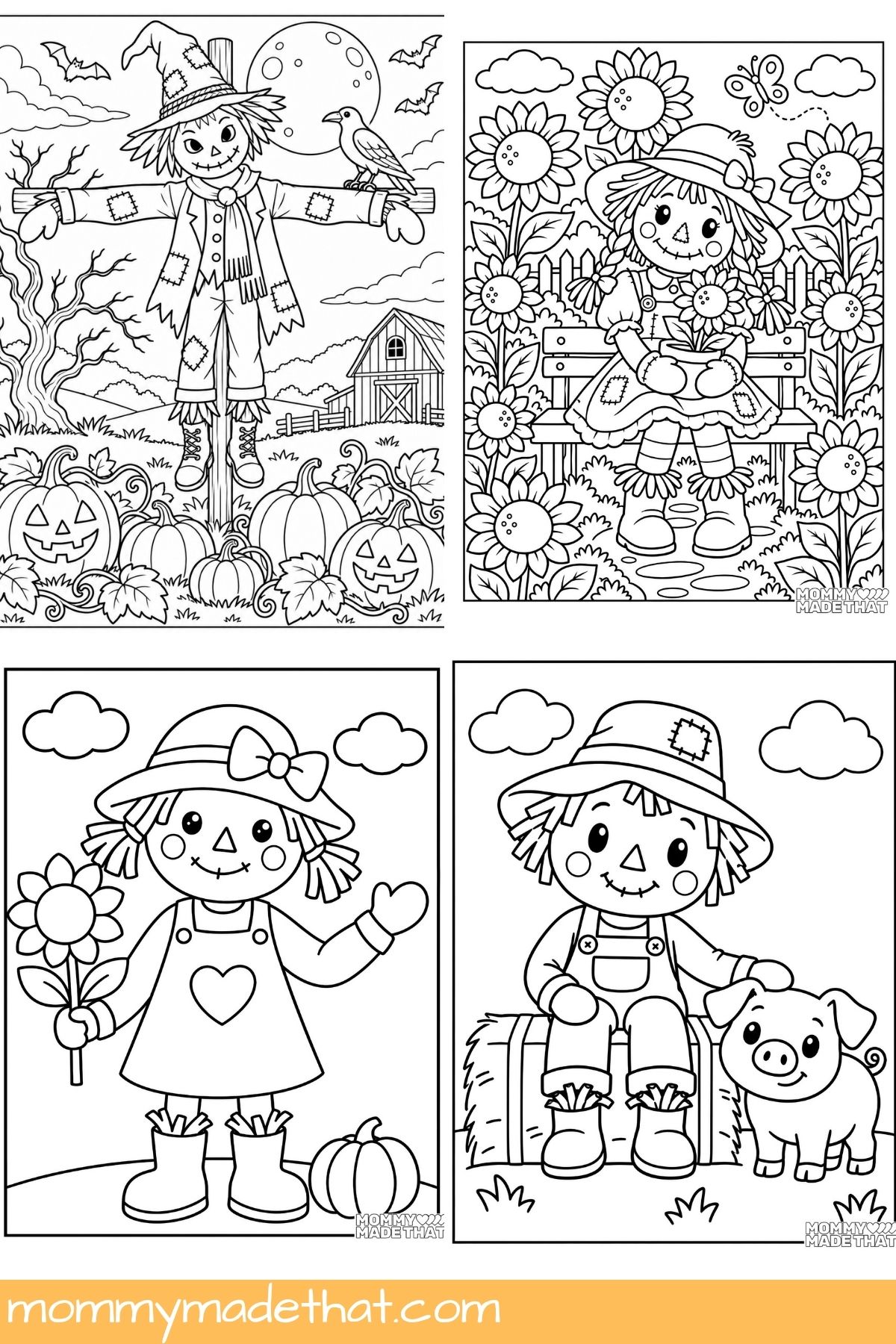 Detailed Halloween and sunflower scarecrows alongside two simple coloring pages