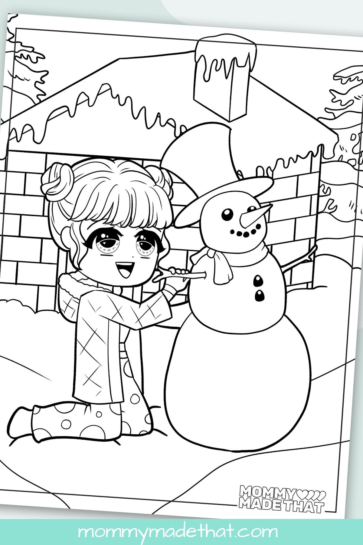 girl building snowman coloring sheet