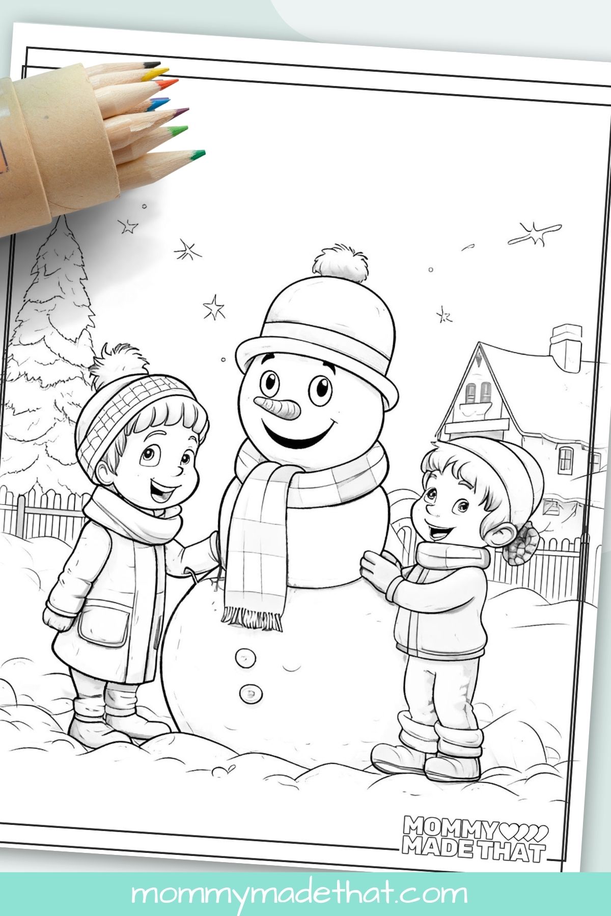 kids building a cute snowman coloring page