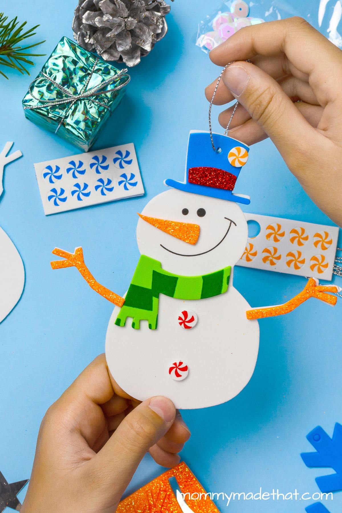snowman ornament made using a snowman template