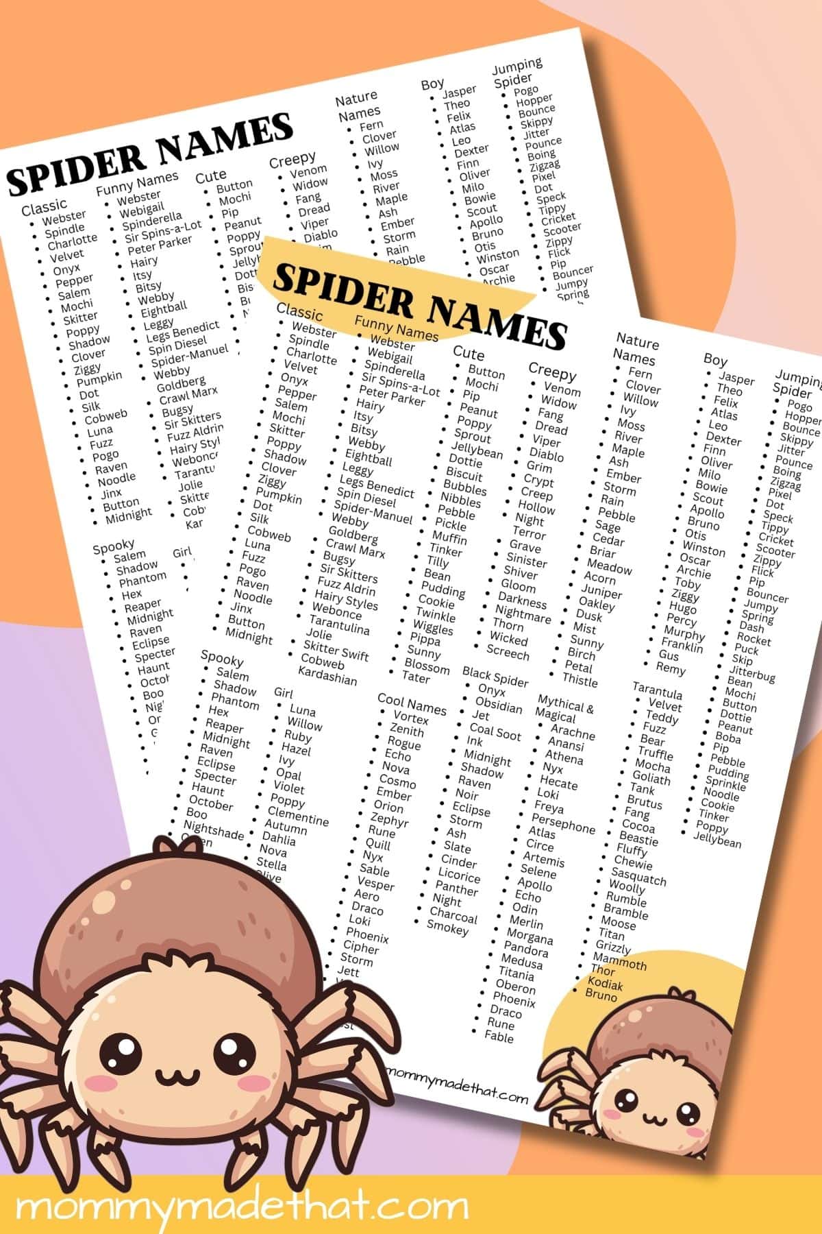 Spider names printable sheets with cute, funny and spooky name lists and smiling brown spider illustrations.