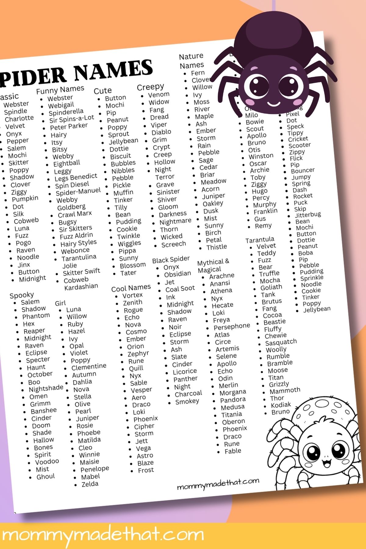 Spider name list printable with a purple cartoon spider and a black-and-white spider illustration.
