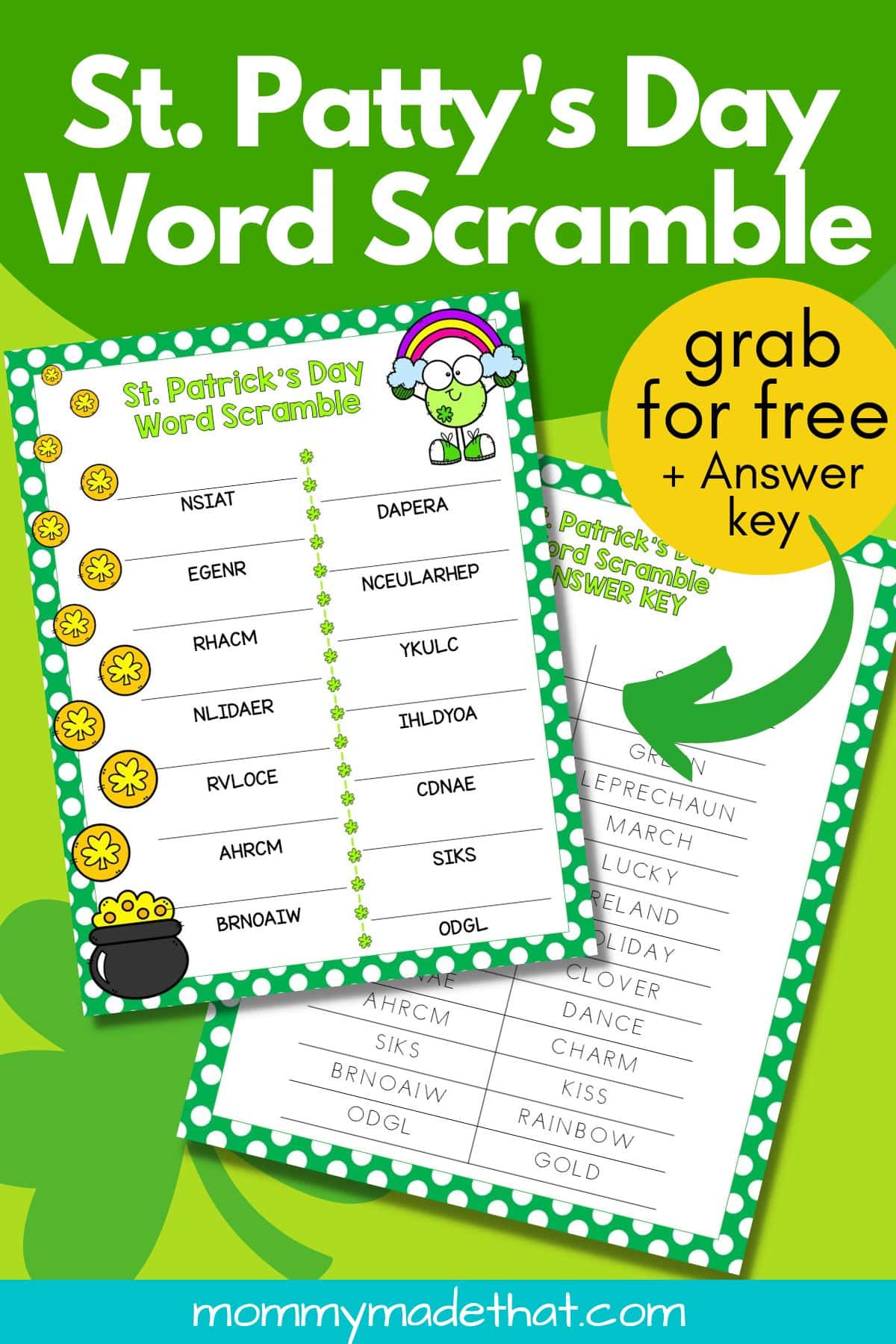 st patricks day printable word scramble activity for kids (plus answer key!)