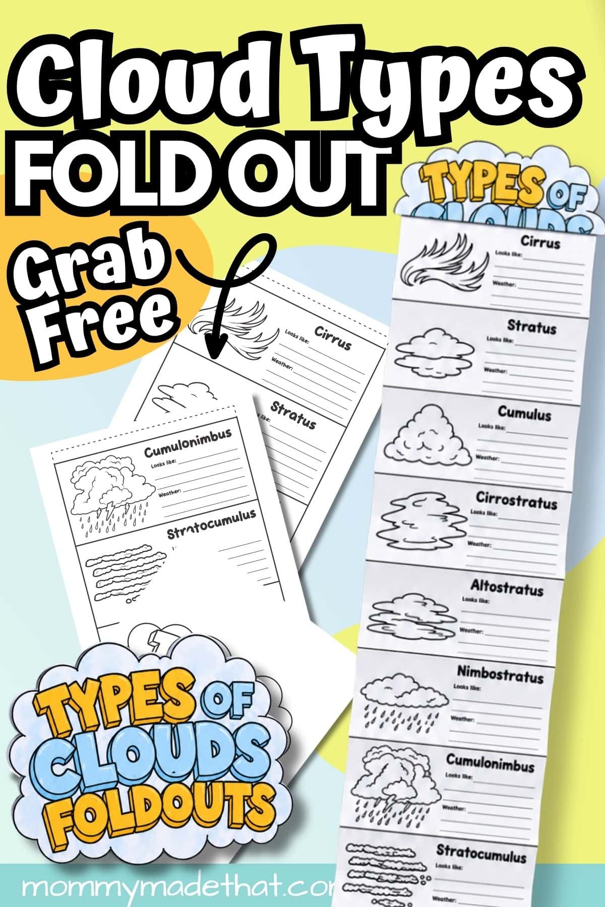 Free cloud fold out printable graphic showing cloud worksheets, a colored cover, and the assembled accordion book.