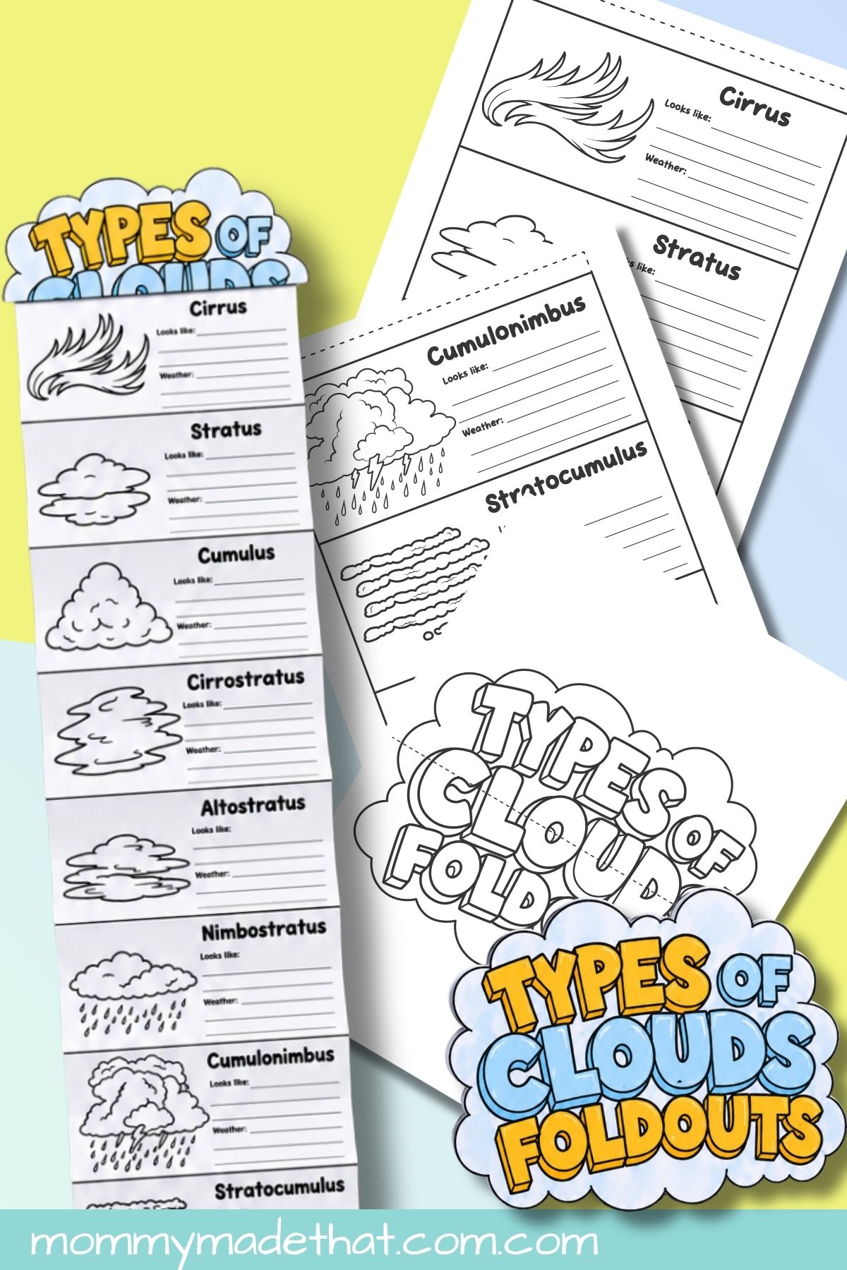 Types of clouds fold out printable with an assembled accordion book, cloud worksheets, and a colorful cover.