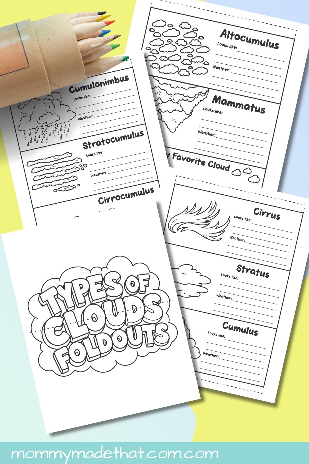 Cloud foldable writing sheets and an outline cover displayed beside colored pencils.