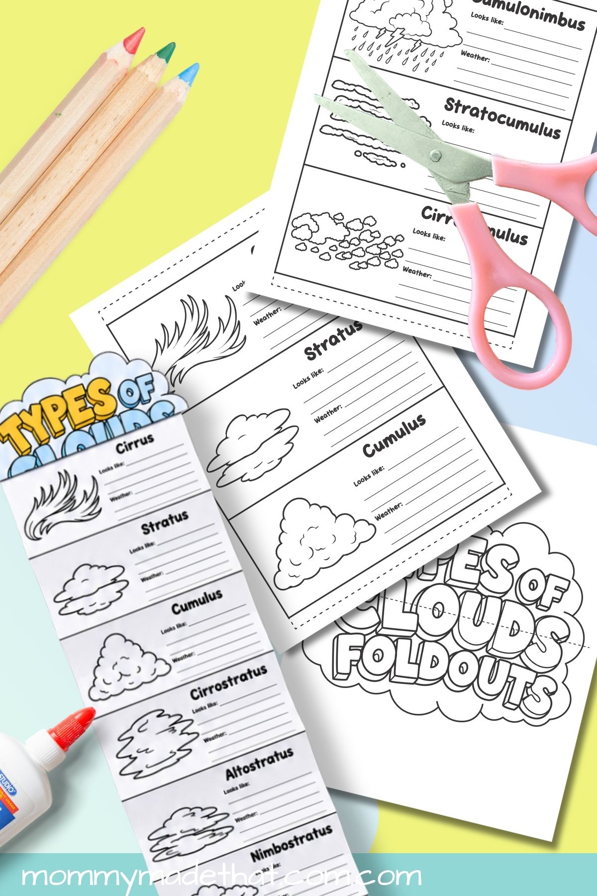 Cloud fold out craft with an assembled accordion strip, printable worksheets, scissors, glue, and colored pencils.