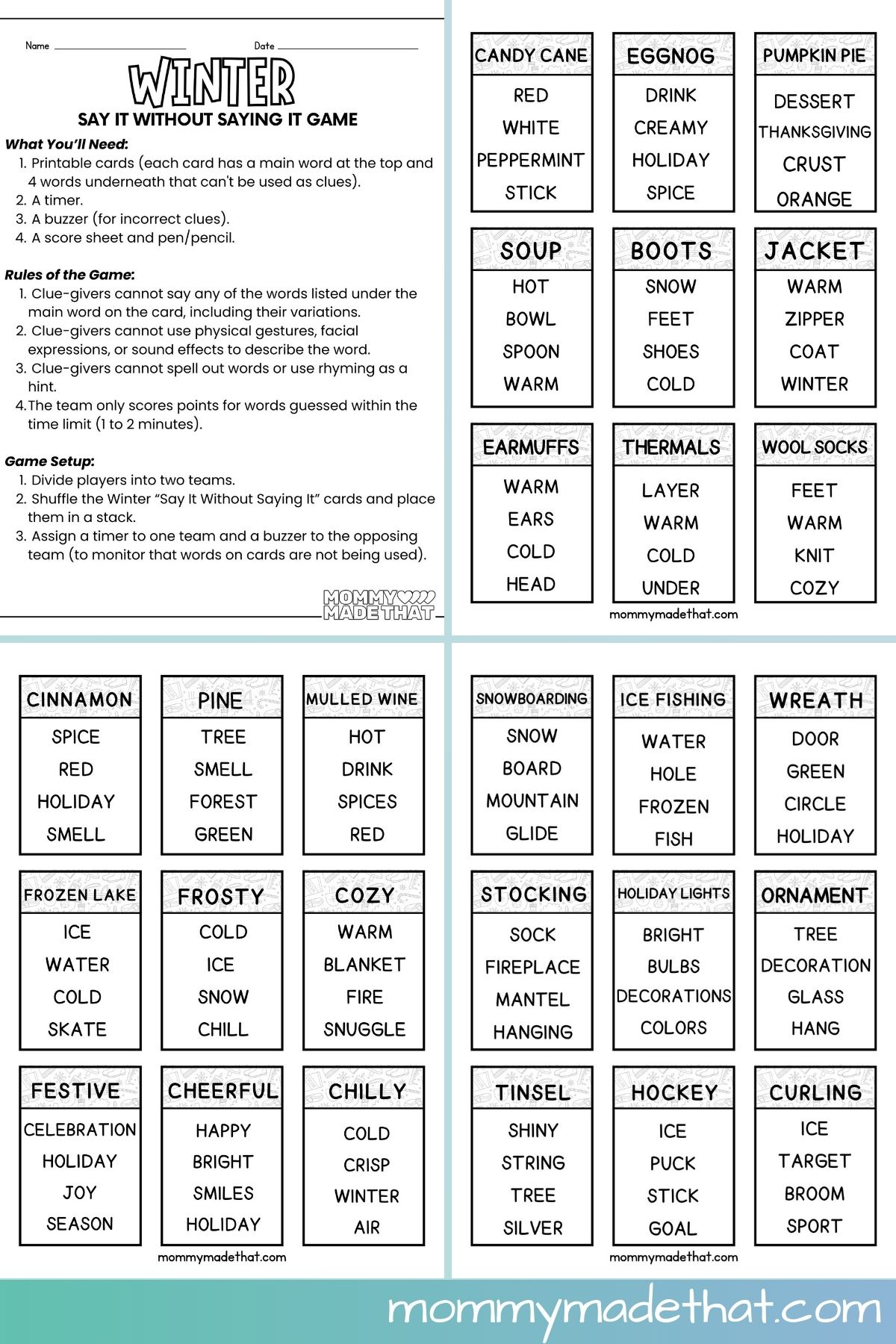 Printable Winter taboo game. Say it without saying it for kids.