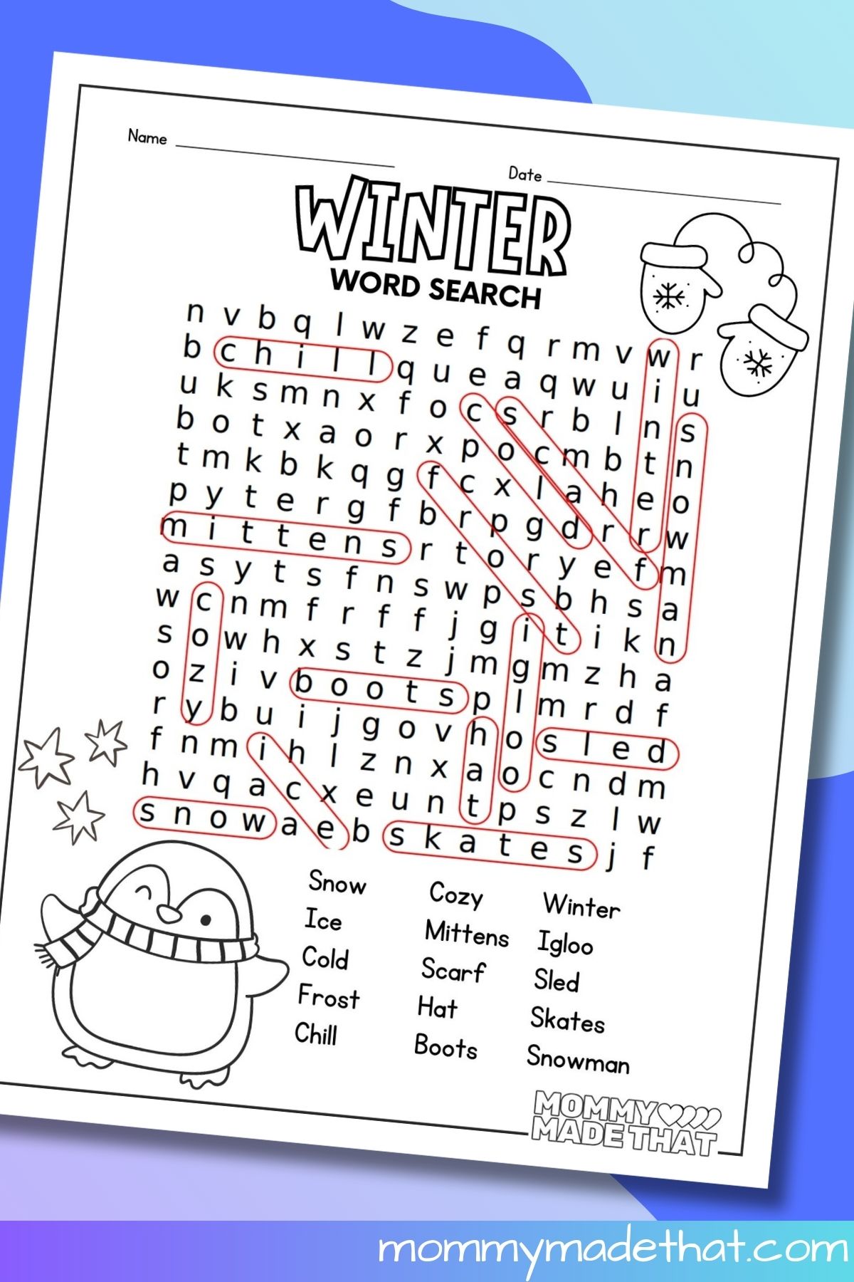 Winter word search printable for kids with answer key.