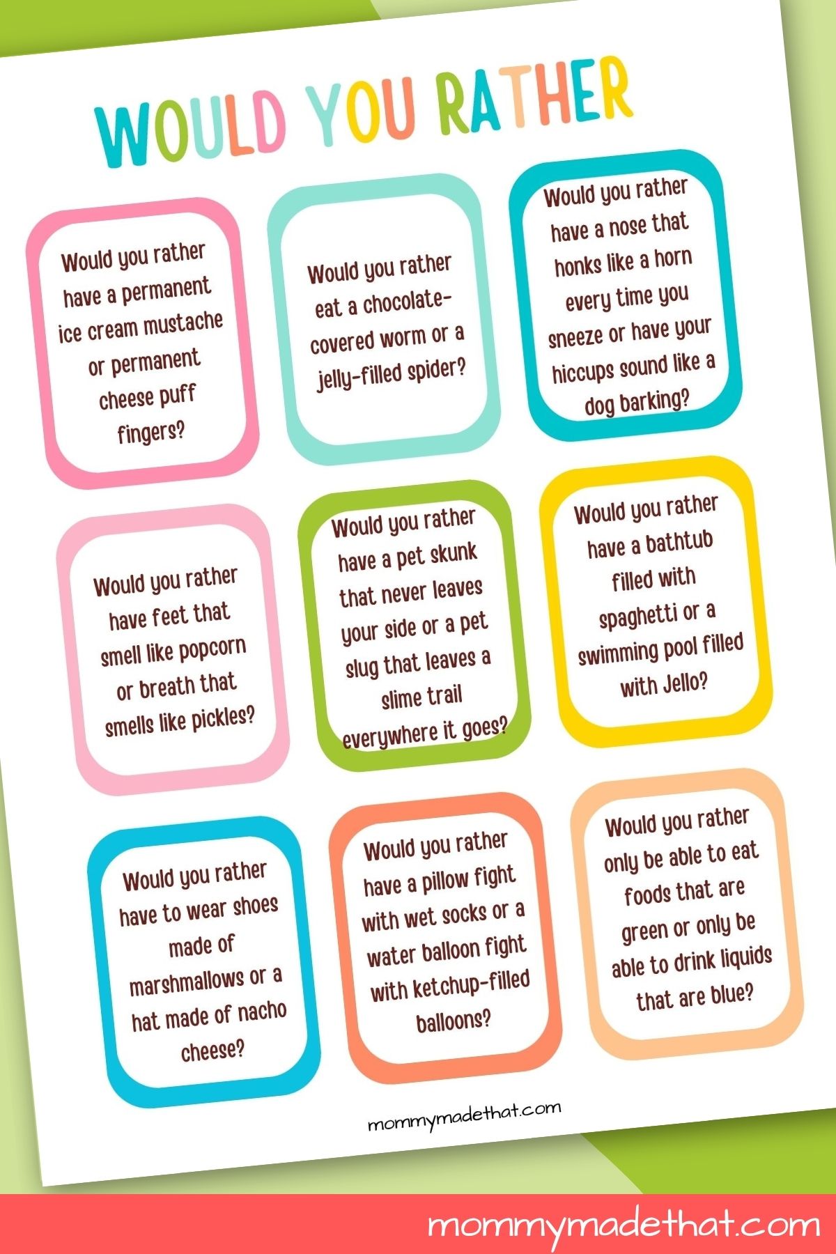 Would You Rather Questions for Students Printable Game